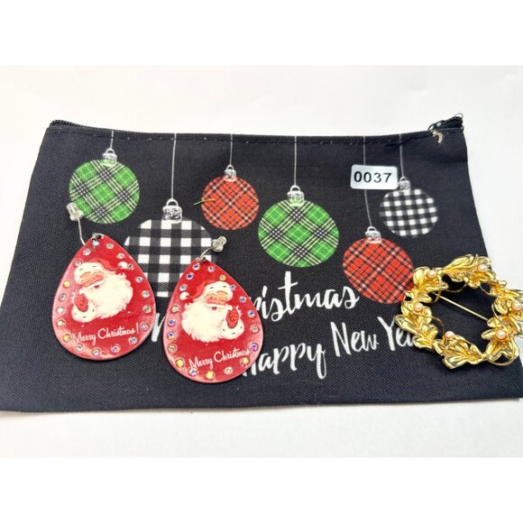 Festive Christmas Earrings Brooch & Pouch Set - Picture 1 of 4